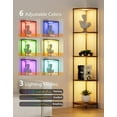 thumbnail image 4 of Corner Shelf with RGBCW LED Light, 64.5” Tall Floor Lamp Narrow Bookshelf Organizer, Standing Shelves with Metal Pole, Display Storage Rack for Wall Corner, Living Room, Bedroom, Office Décor, Brown, 4 of 9
