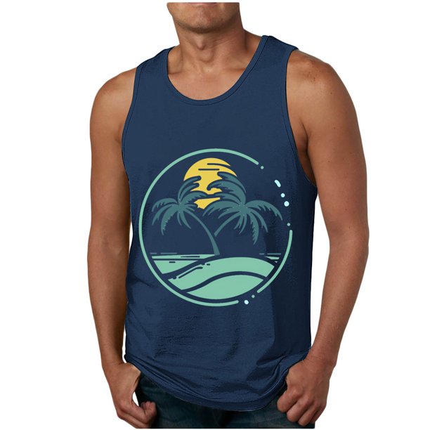 Mens Camisetas de Verano Casual sin Mangas de Impresión Suéter Cuello Redondo Deportes Superior, Poliéster
