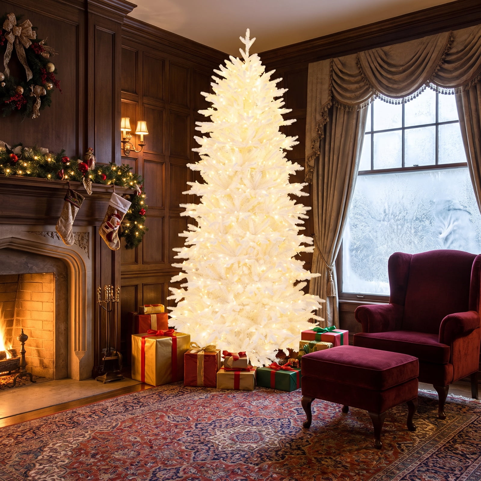 RUIE 7 ft White Christmas Tree, Pre-Lit Artificial Xmas Tree with 900 LED Lights and 1880 Branch Tips, Full Snowy Holiday Tree