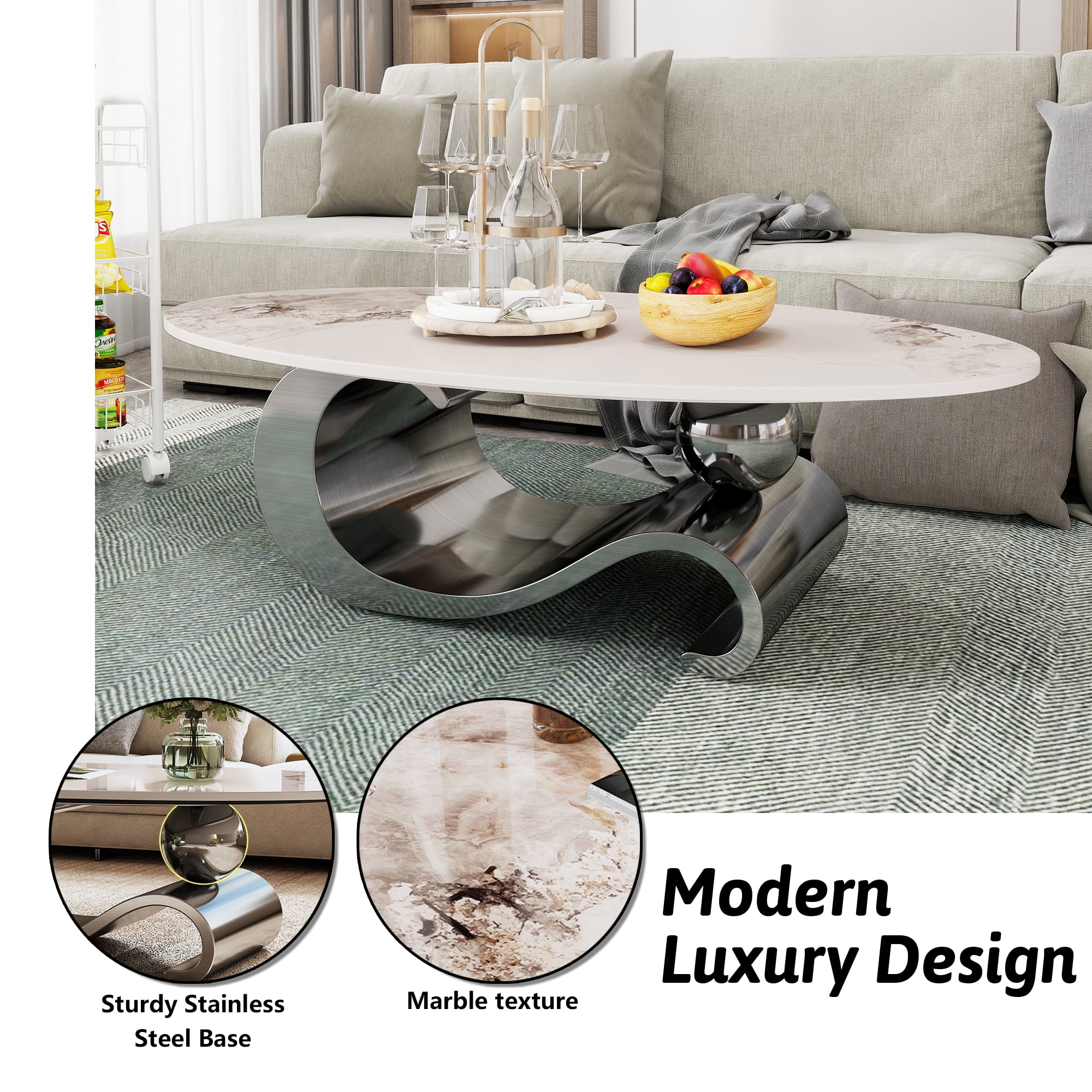 HIUU White Marble Coffee Table for Living Room,Oval Coffee Table with Grey Stainless Steel Base for Living Room