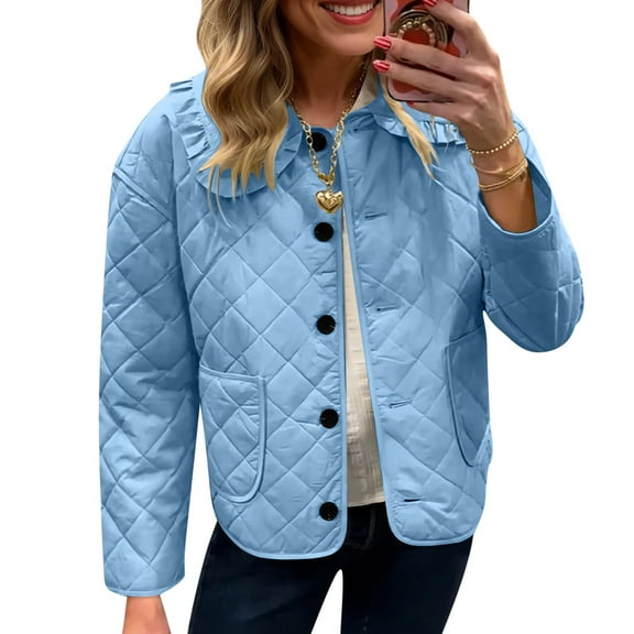 DAFPZW Women's Ruffle Collar Quilted Lightweight Puffer Jacket Long Sleeve Casual Cardigan Padded Coat for Autumn Winter