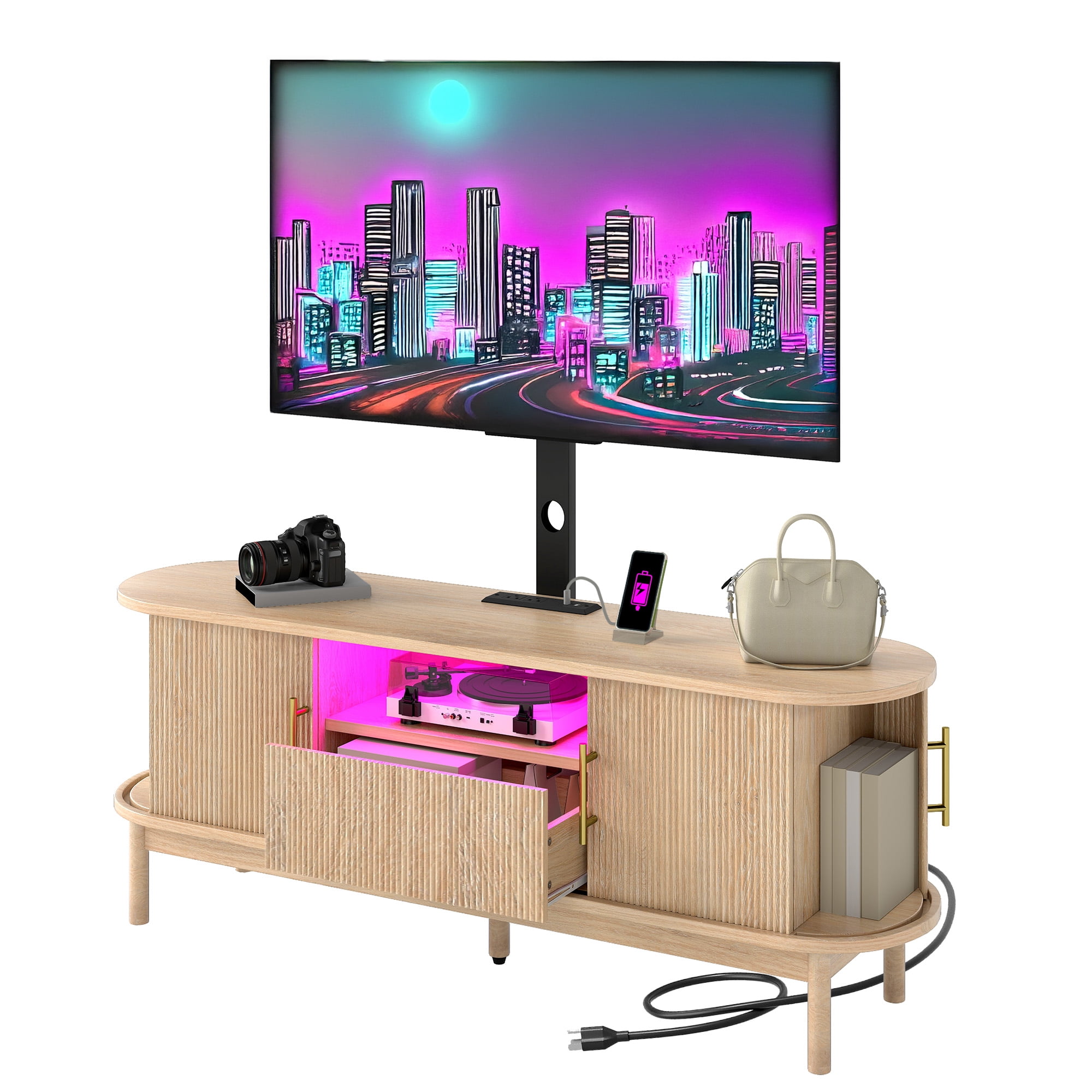 Uforic 60" TV Stand with Mount for 32-75" TVs, Height Adjustable Fluted Entertainment Center, Oak