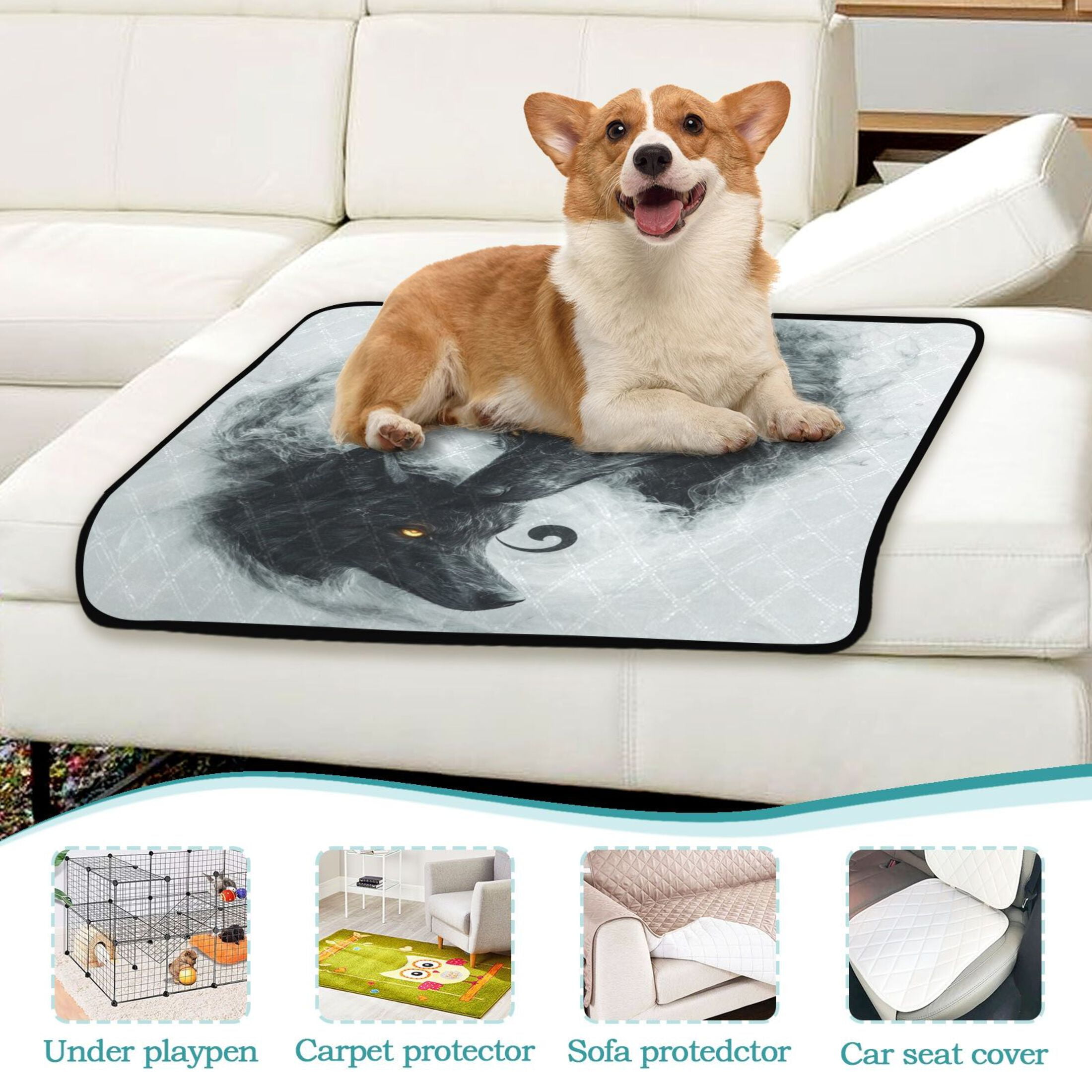 Qxltty Watercolor Style Black Wolf Cat litter Pads Pet Set of 3 Diaper Mats Center Anti-leakage Layer Absorbent Soft and Comfortable