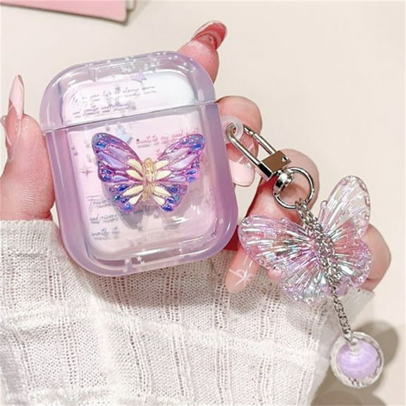 Cute 3D Butterfly Purple New Headphones Case for AirPods 1 2 3 with Beads Pendant Protective Shell Soft Cover for AirPods Pro 2 (A,for airpods pro)