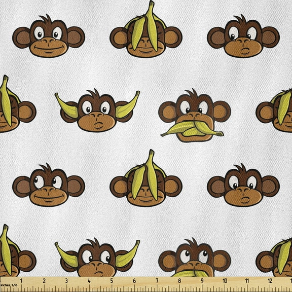 Ambesonne Cartoon Fabric by the Yard Microfiber, Funny Monkeys Bananas, 1 Yard, Brown Pale Brown Yellow