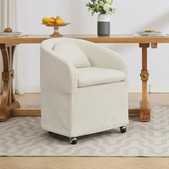PORKISS Upholstered Dining Chair with Wheels, Chenille Upholstered Kitchen Chairs, Accent Chairs for Kitchen Living Room, Beige