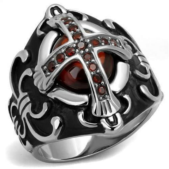 Mens Ring Red Cross Stainless Steel Ring with AAA Grade CZ in Garnet