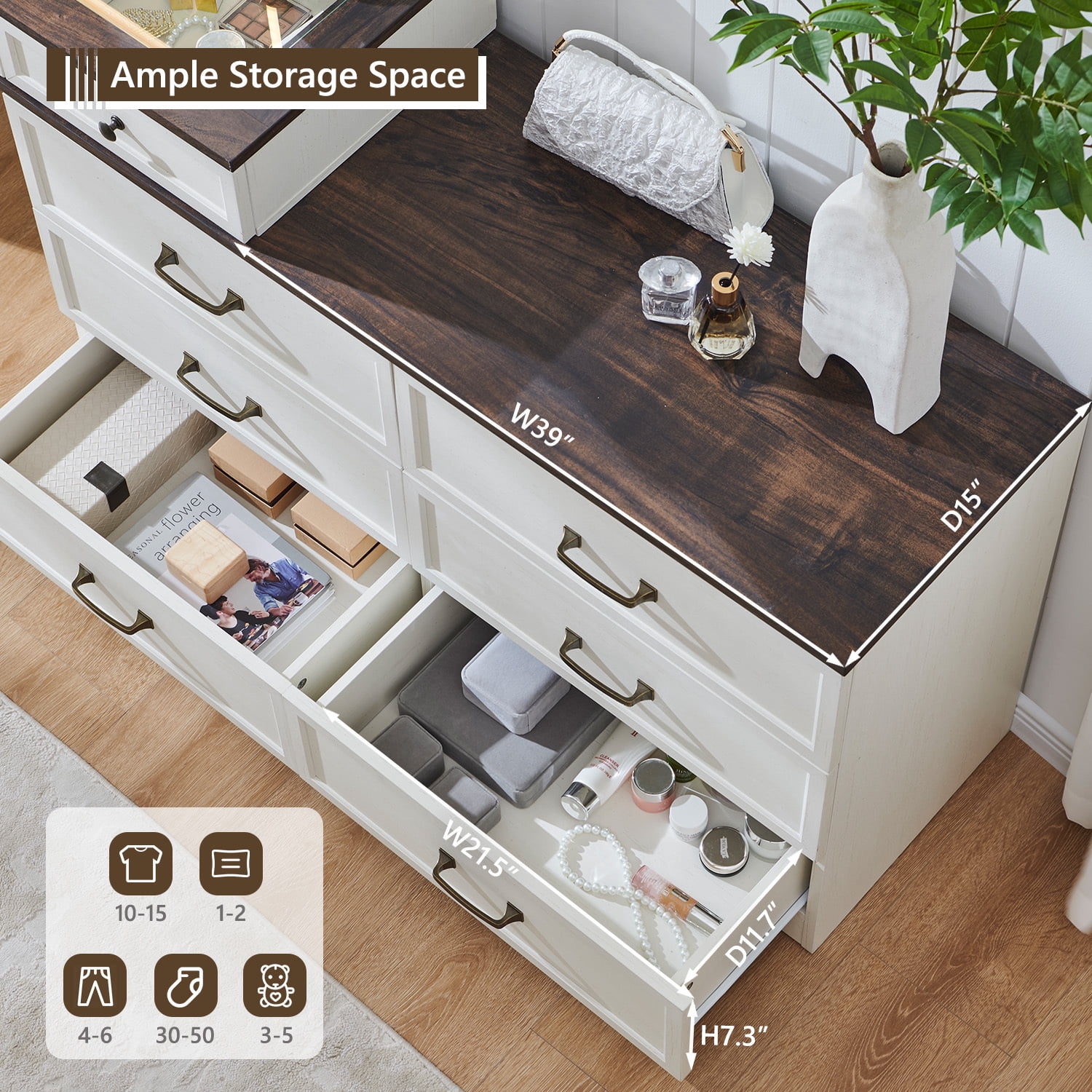 Farmhouse Vanity Desk with Glass Top, Corner Makeup Vanity Set with 30" HD Led Mirror and 3 Color Available Lights, 9 Storage Drawers, Wood Vanity Table for Bedroom