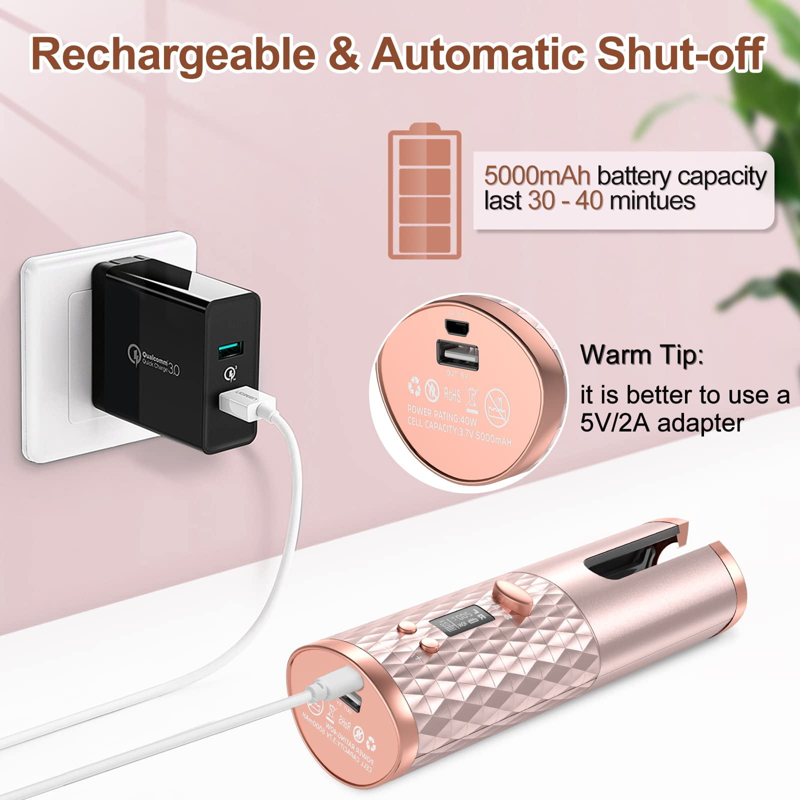 Automatic Curling Iron, Emlimny Cordless Hair Curlers with Adjustable Temps & Timers, Ceramic Barrel Auto Wave Wand, Portable Rotating Curling Wand Hair Styling Tool for Travel