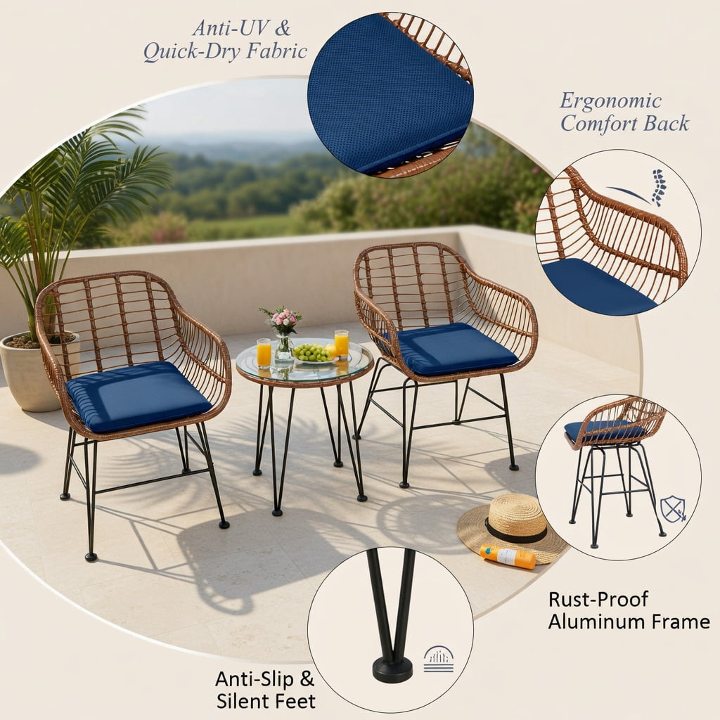 Hommoo 3-Piece Outdoor Rattan Bistro Set with Removable Cushions, Steel Frame, Tempered Glass Table, for Patio, Balcony, Poolside, Navy