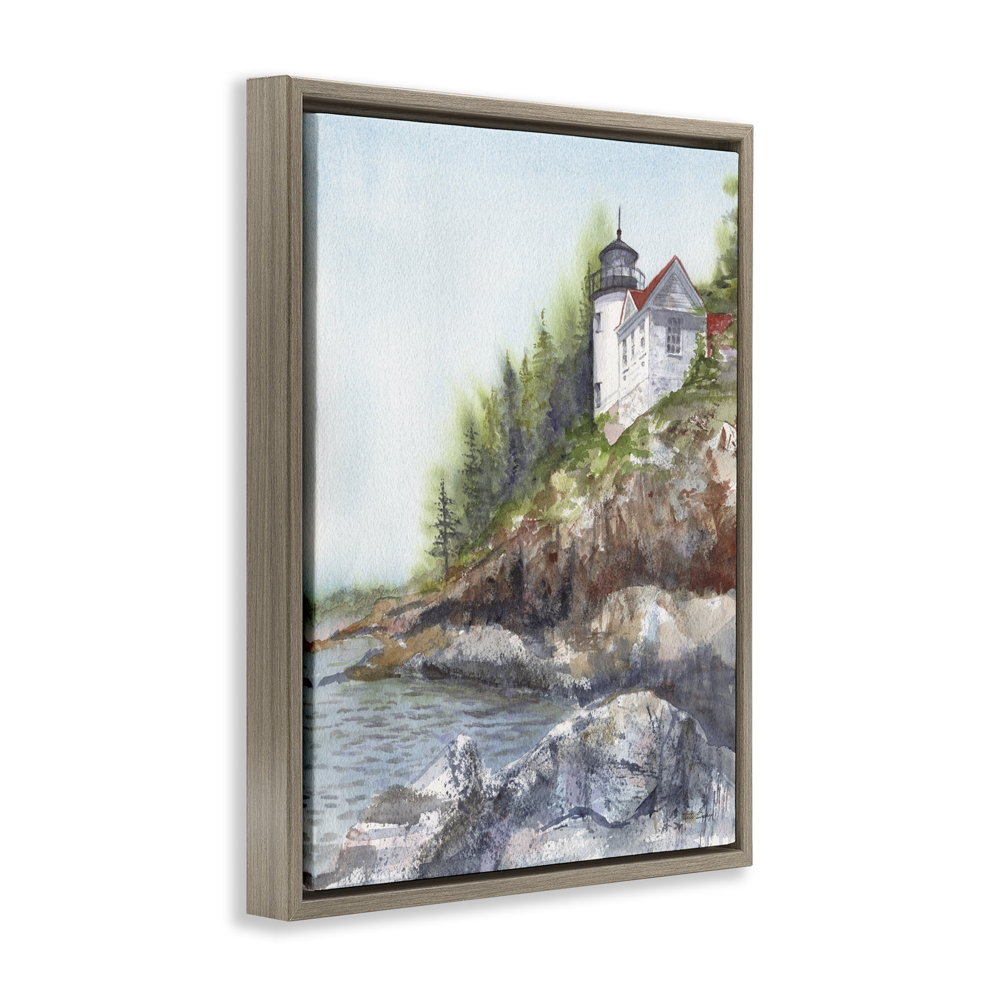 Stupell Industries Bass Harbor Lighthouse Brown Framed Floater Canvas Wall Art, design by Patti Bishop