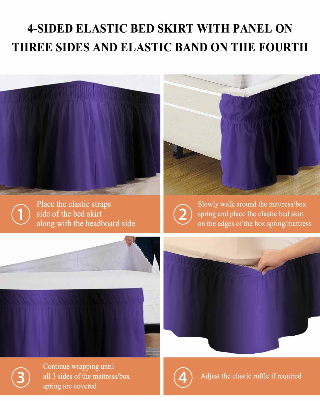 Purple Black Ombre Bed Skirt Cal King Size, Gradient Contemporary Abstract Art Wrap Around Bed Skirting with Adjustable Elastic Strap, Dust Ruffled Pleated Bedskirts 18 Inch Drop for Bedroom Beds