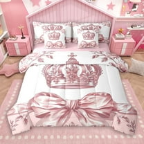 Manfei Pink Princess Crown 7-Piece Twin Bedding Sets for Girls, Vintage Flower Bowknot Bedding Comforter Set, Chic Ribbon Reversible Sheet Sets, Lightweight Room Decor
