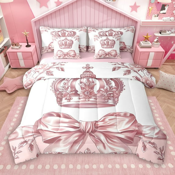 Manfei Pink Princess Crown 7-Piece Twin Bedding Sets for Girls, Vintage Flower Bowknot Bedding Comforter Set, Chic Ribbon Reversible Sheet Sets, Lightweight Room Decor