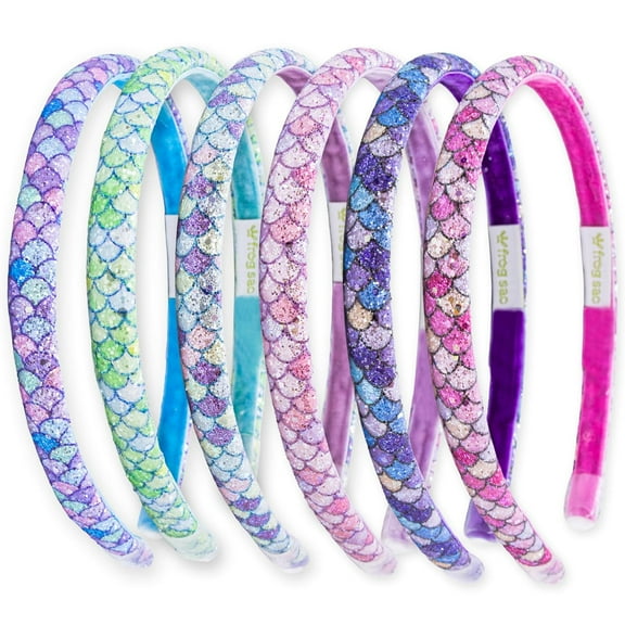 FROG SAC 6 Headbands for Girls - Thin Head Bands for Kids, Toddler Hair Band Accessories, Glitter Mermaid Floral Hairbands, Easter Basket Stocking Stuffers (Pink,Purple,Blue,Aqua,Green)