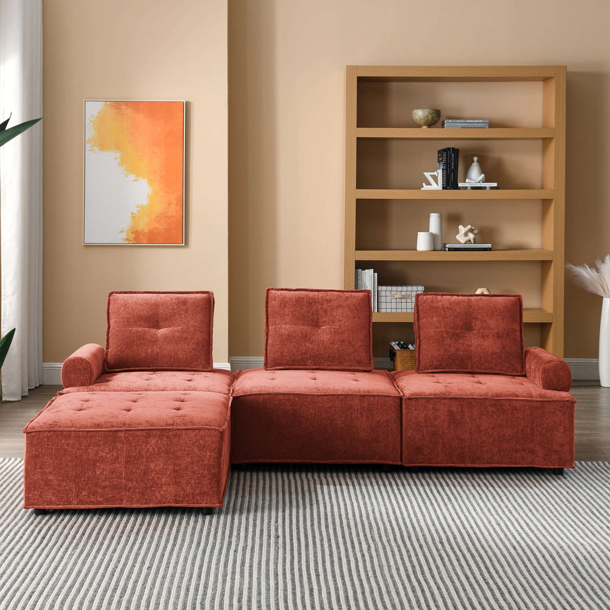 Aukfa Modern Sectional Sofa, 99" Living Room Modular Couch with Ottoman, Chenille, Red