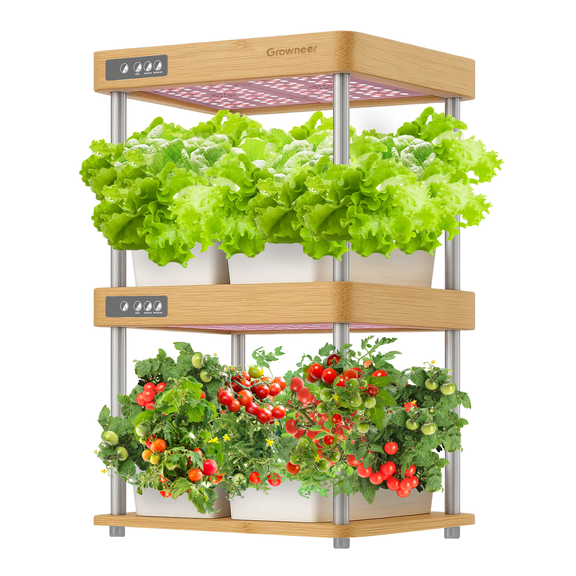 GROWNEER HydroEasy1.0 Hydroponics Growing System Kit, Beginner-Friendly Indoor Garden for Vegetable Fruit Herb, Bamboo Design, Perfect Gift Idea, Full-Spectrum LED Lights for Maximum Growth