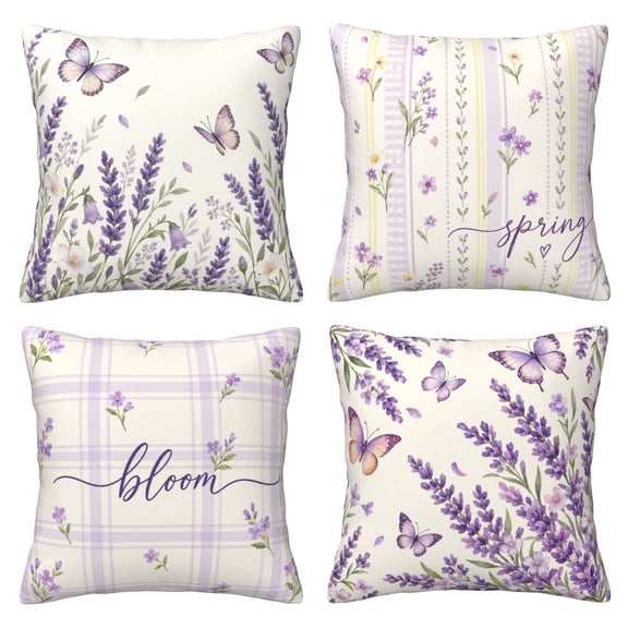 4 Pack Throw Pillow Covers 18x18 Inch, Lavender Floral Decorative Pillow Cases, Soft Short Plush Square Cushion Covers for Couch Sofa, Living Room Bedroom Lavender Cottage Home Decor