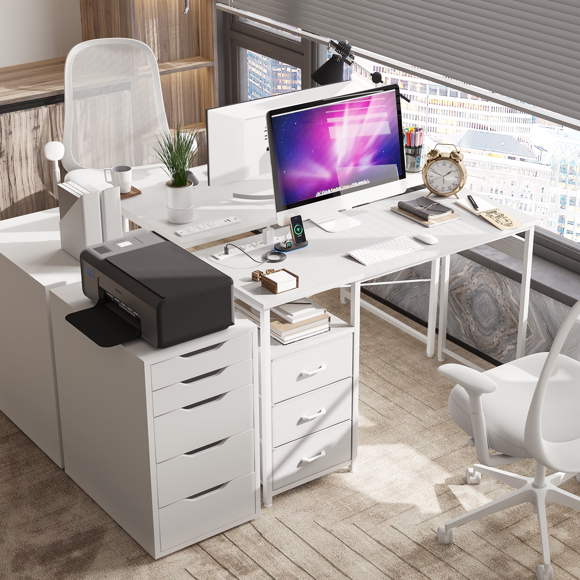 48 inch Computer Desk with Power Outlets, Home Office Desk with 3 Drawers, Writing Desk, Vanity Desk for bedroom, White