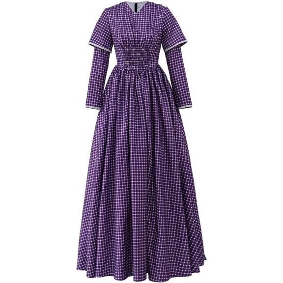 Women's Vintage Victorian Dress Purple Plaid Pleated Long Sleeve Gown Scotland Rural Dress