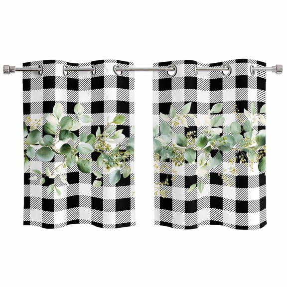 Green Eucalyptus Leaves Kitchen Curtains Window Panels, Black White Plaid Farmhouse Watercolor Insulated Window Treatment Curtain, Grommet Curtains for Bedroom/Living Room, 2 Piece 27.5"Wx39"L