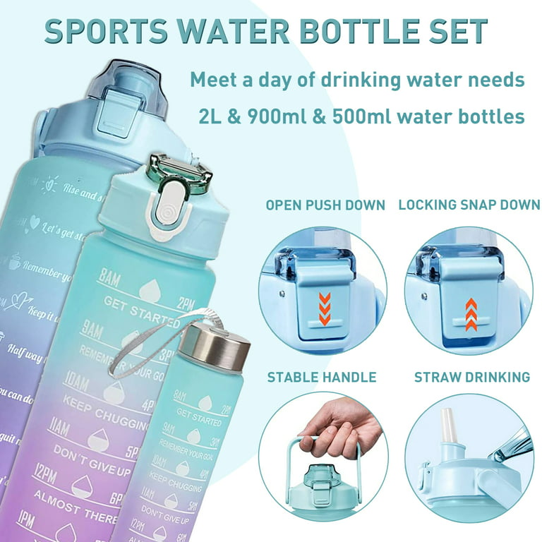 3pcs 67.63 oz/2L Large Capacity green Gradient PC Water Bottle with 3D  Sticker Sports Fitness Portable Straw Cup for Outdoor Travel