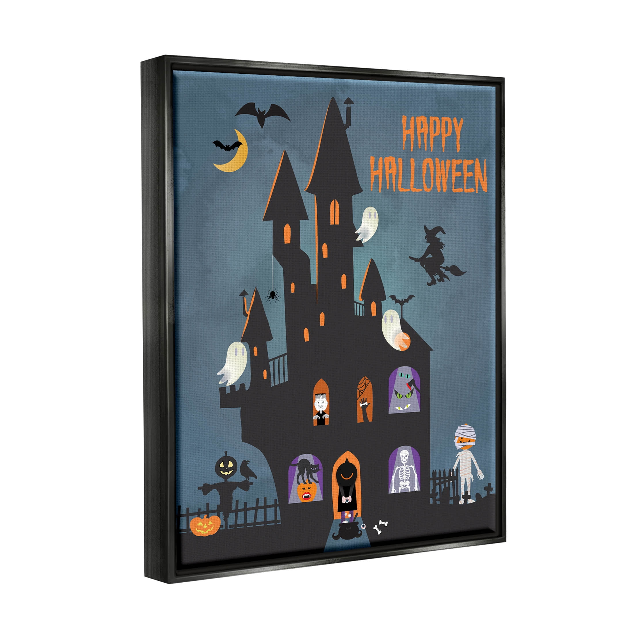 Happy Halloween Haunted Ghost House Holiday Graphic Art Jet Black Framed Art Print Wall Art