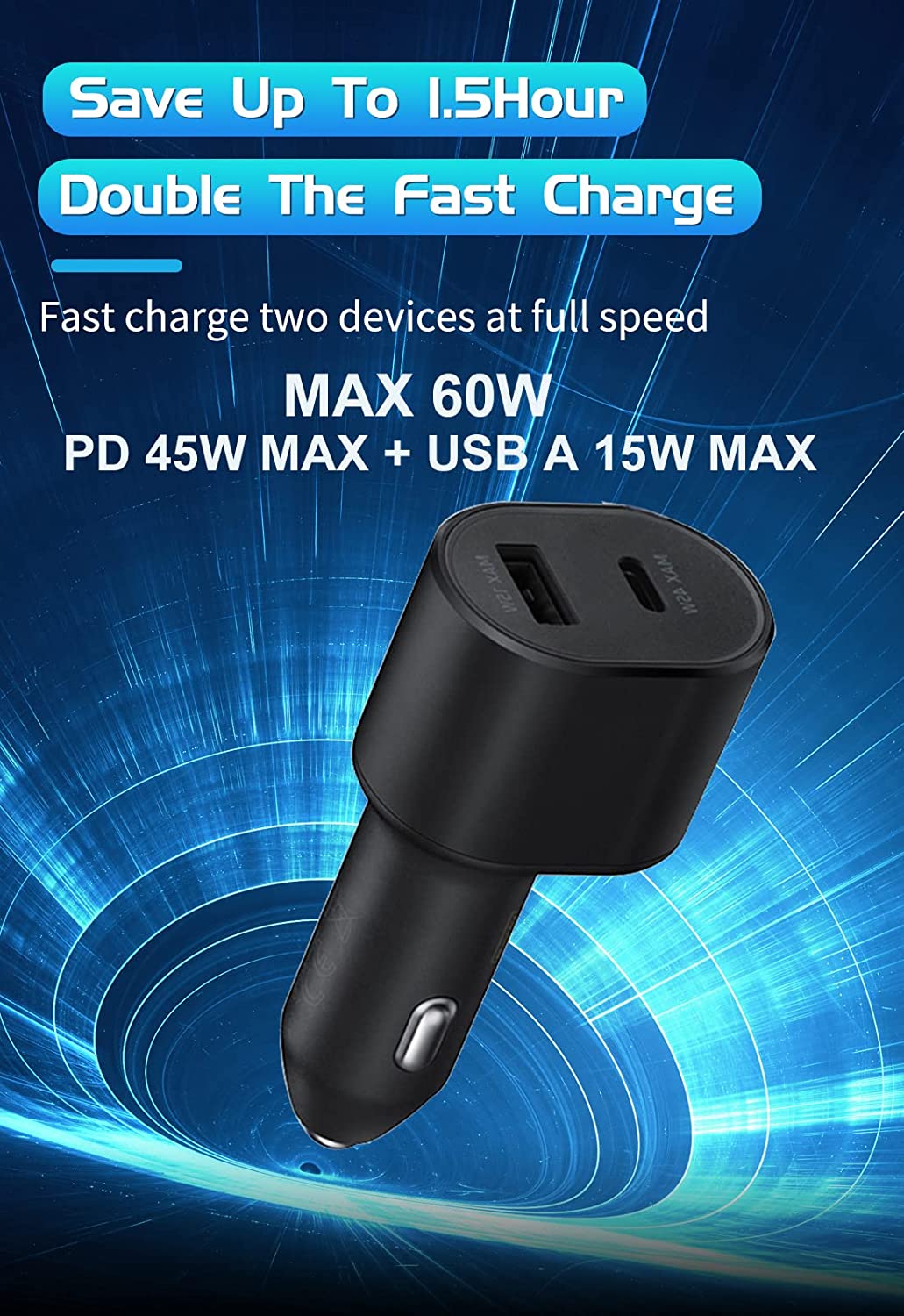 Super Fast Car Charger 60W for Pine64 Pinephone Super Fast Charging 2.0 Dual-Port (45W+15W) with USB C to C Cable PPS Car Charger - Black