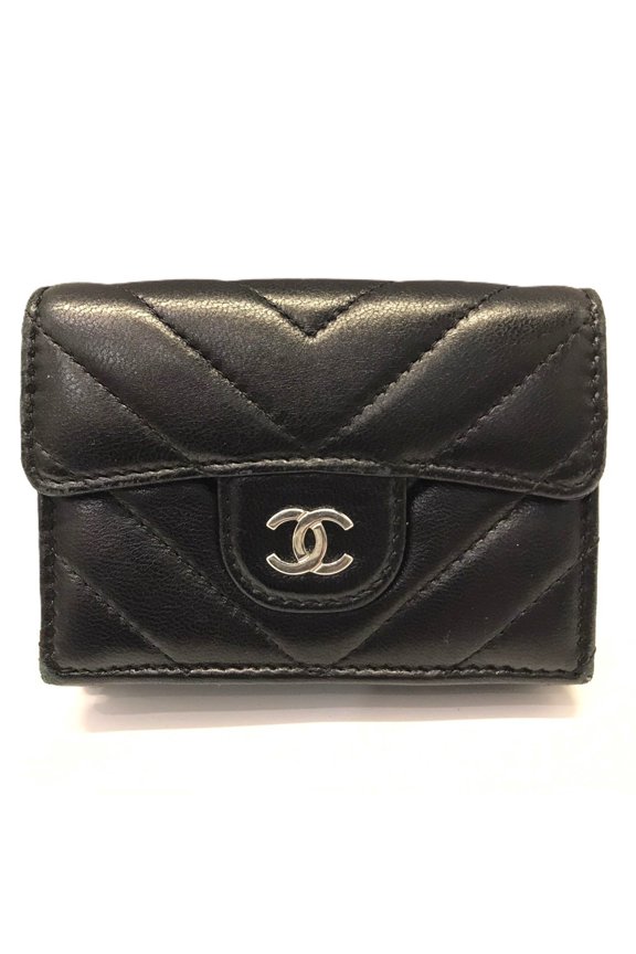 Pre-Owned Chanel V-Stitch Small Flap Wallet, Tri-fold Wallet AP0230, Black Lambskin, Coco Mark,...