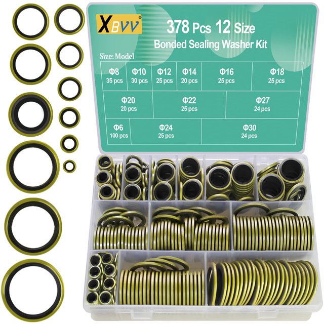 Kit surtido de arandelas selladoras XBVV, 378 piezas, aglomeradas con metal NBR