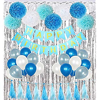 85 Pieces Birthday Party Decoration Set for Boys- includes Happy Birthday Banner 10 Tassels and 32 Round Paper Garland Perfect For Boys Birthday Party 20 Party Balloons 10 Paper Pom Poms 
