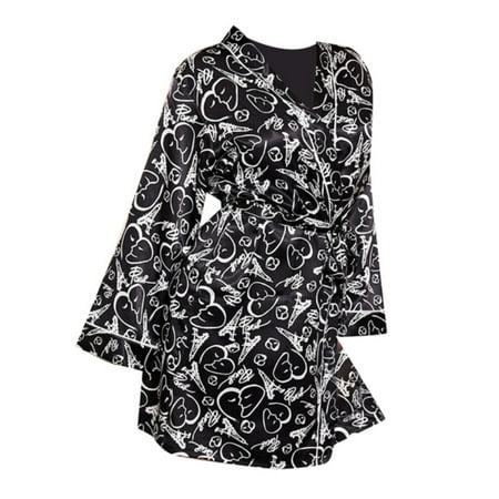 

Female Summer Thin Home Long Sleeved Bathrobe Printed Imitation Silk Morning Gown Sleepwear