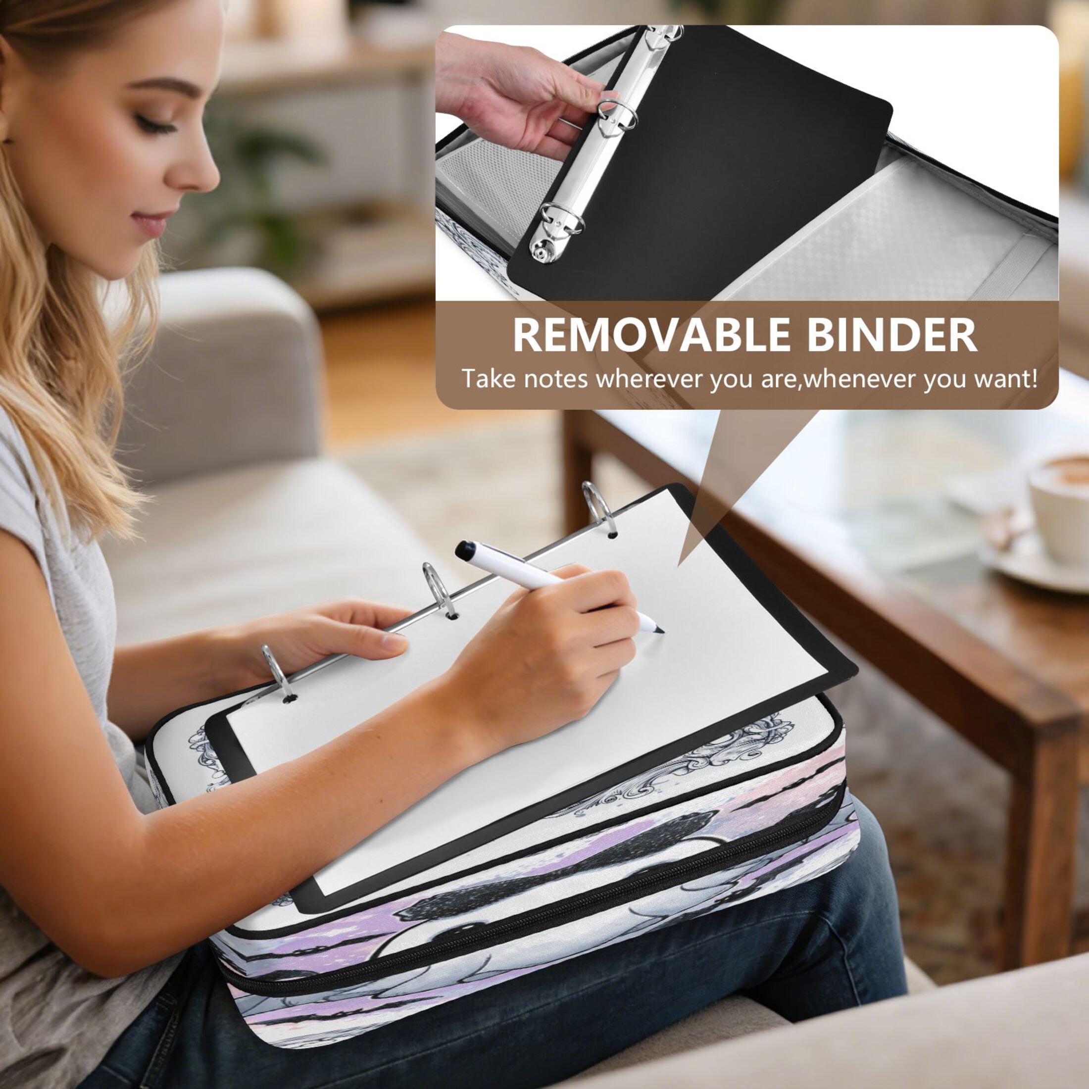 3 Ring Zipper Binder with Accordion File Organizer Waterproof Back to College Binder - 7 Layer Document Organizer for Study Home Office College Travel Supplies Cute Black Bow Ghost