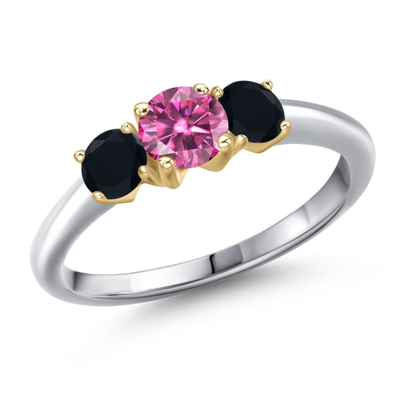 Gem Stone King 10K Two Tone Gold Pink Moissanite and Black Onyx Engagement Ring for Women | 0.94 Cttw | Round 5MM | Gemstone Birthstone | Size 7
