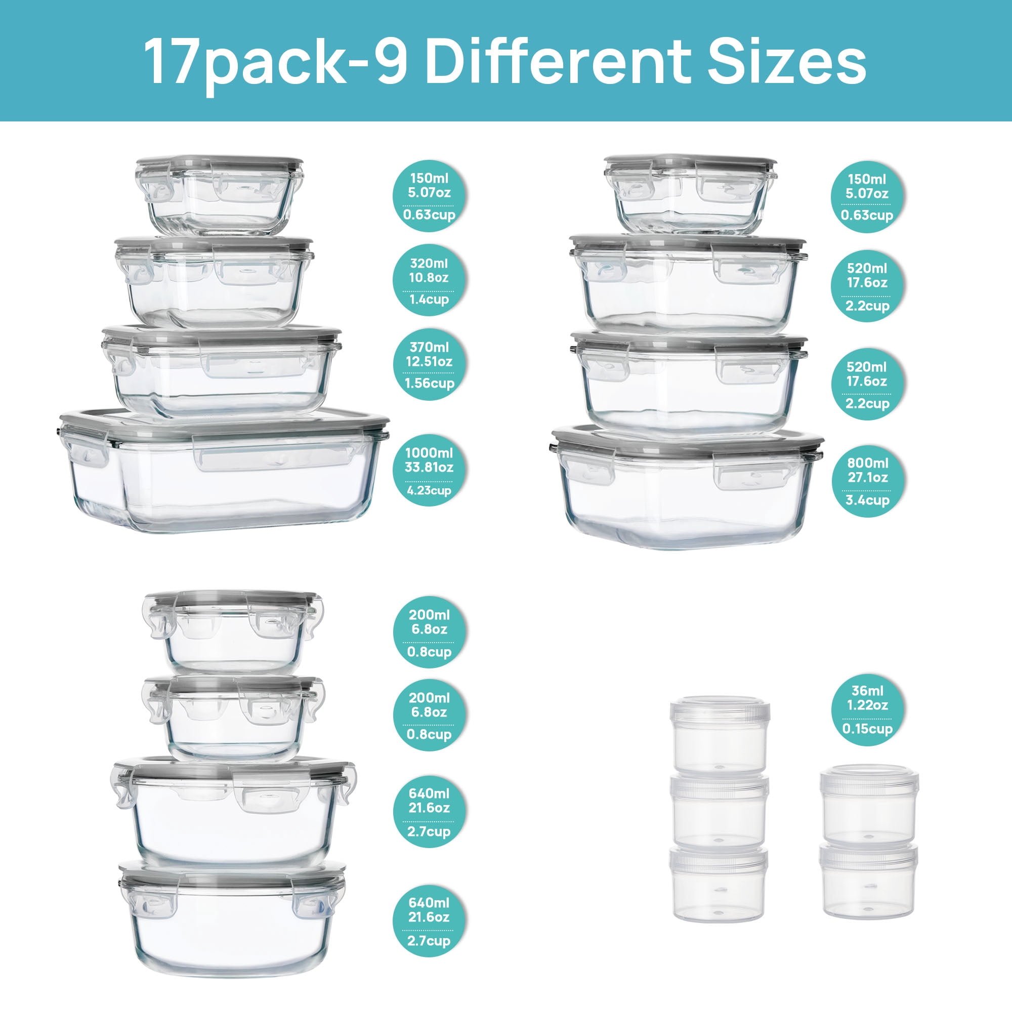 Sindcom 34pcs Glass Food Storage Containers with Lids Set, Airtight Meal Prep Containers (17 Containers & 17 Lids), Grey