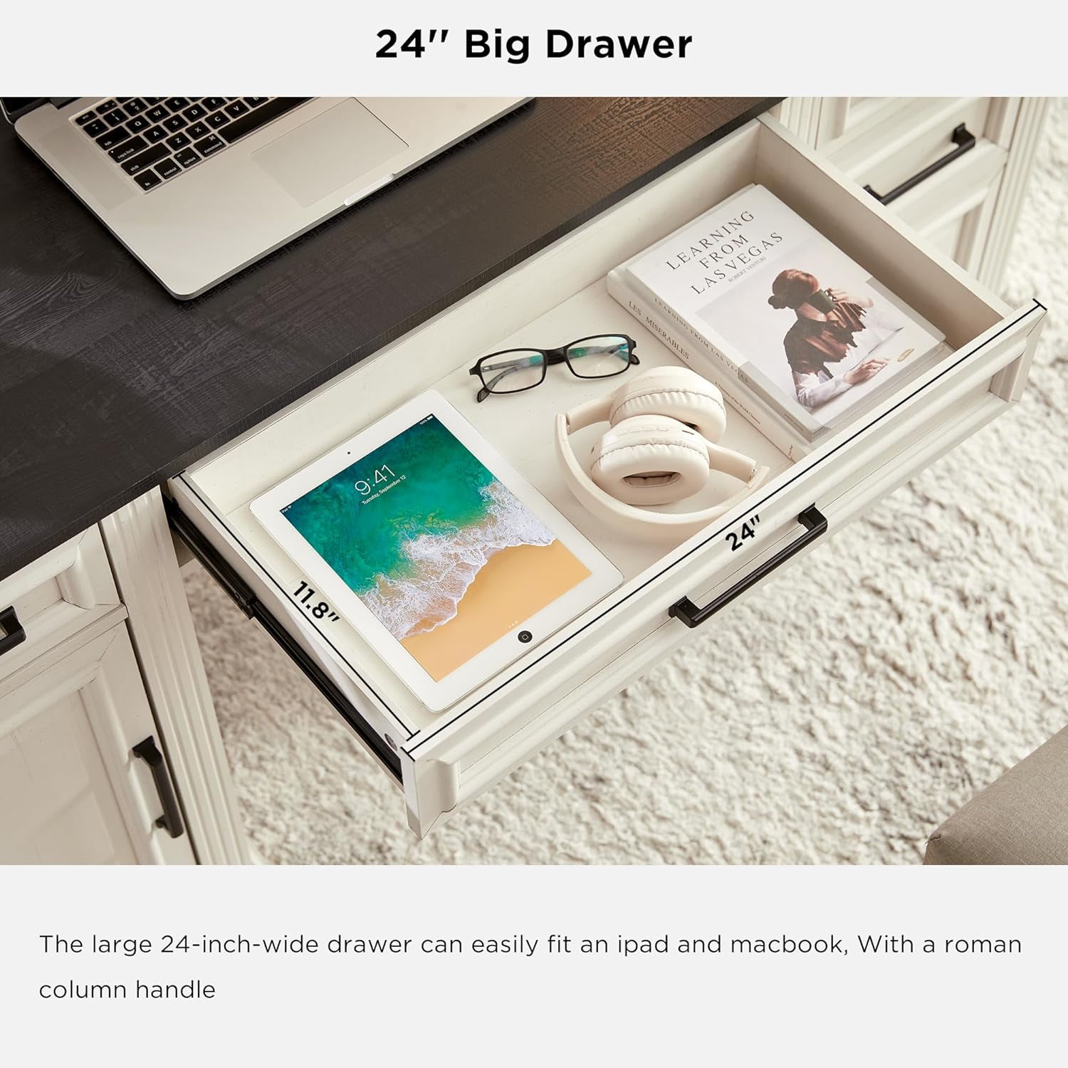 T4TREAM Farmhouse Wood 58" Executive Desk, Home Office 30" High Computer Desk with Drawers and Storage Cabinet, White