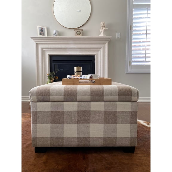Large Twill Plaid Woven Fabric Upholstered Storage Roland Farmhouse Cocktail Ottoman Footstool-Latte color-Large storage space-Hinged lid-Solidwood Frame