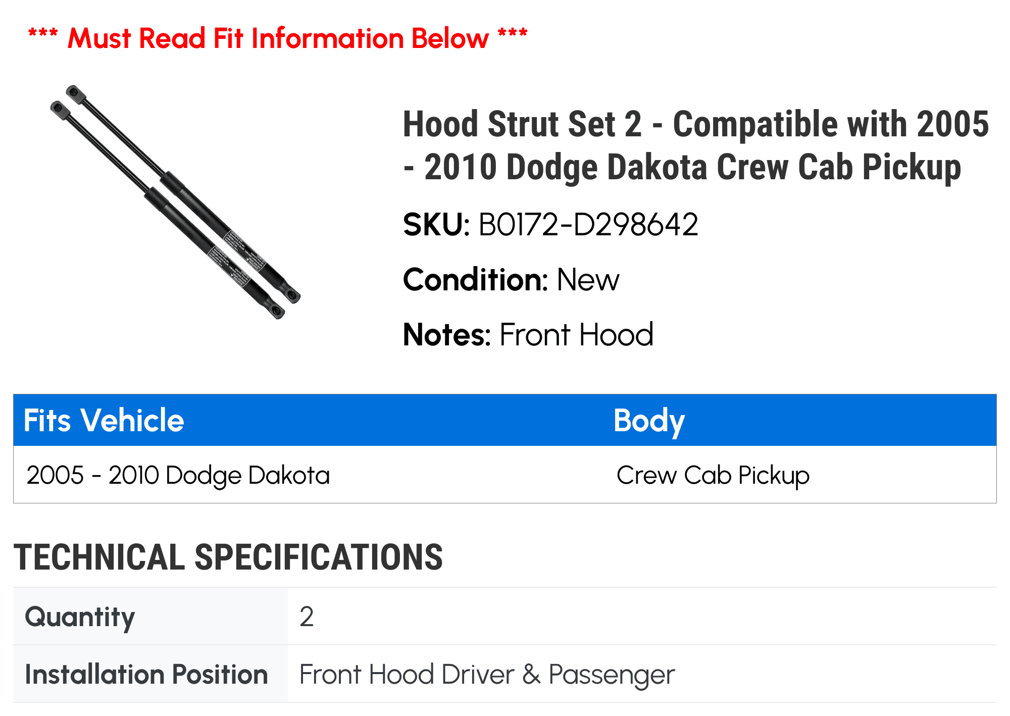 Hood Strut Set 2 - Compatible with 2005 - 2010 Dodge Dakota Crew Cab Pickup - Autopart Premium