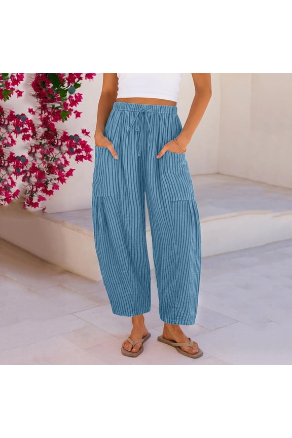WomenS Striped Wide Leg Palazzo Harem Pants 2026 Summer Drawstring Baggy Lounge Beach Vacation Travel Trousers With Pockets Light Blue 3XL