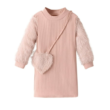 

Toddler Winter Long Sleeve Ribbed Pink Princess Dress With Love Bag Cute Fashion For Children Clothes Girl Newborn Clothes Kids Clothes Girls Fall Baby Girl Outfits