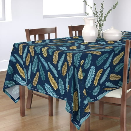 

Cotton Sateen Tablecloth 70 x 90 - Dark Banana Leaf Tropical Exotic Wild Botanical Gold Elegant Style Blue Large Tropic Print Custom Table Linens by Spoonflower