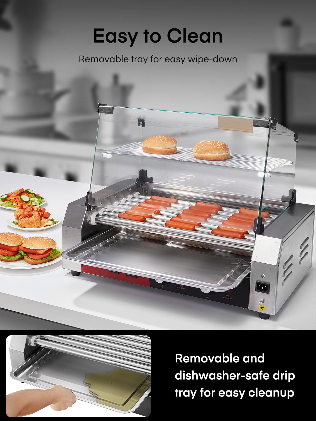 FOHERE Electric Hot Dog Roller, 18-24 Hot Hogs, 7 Roller Grill Cooker Machine Backsplash & Shelf 1050W