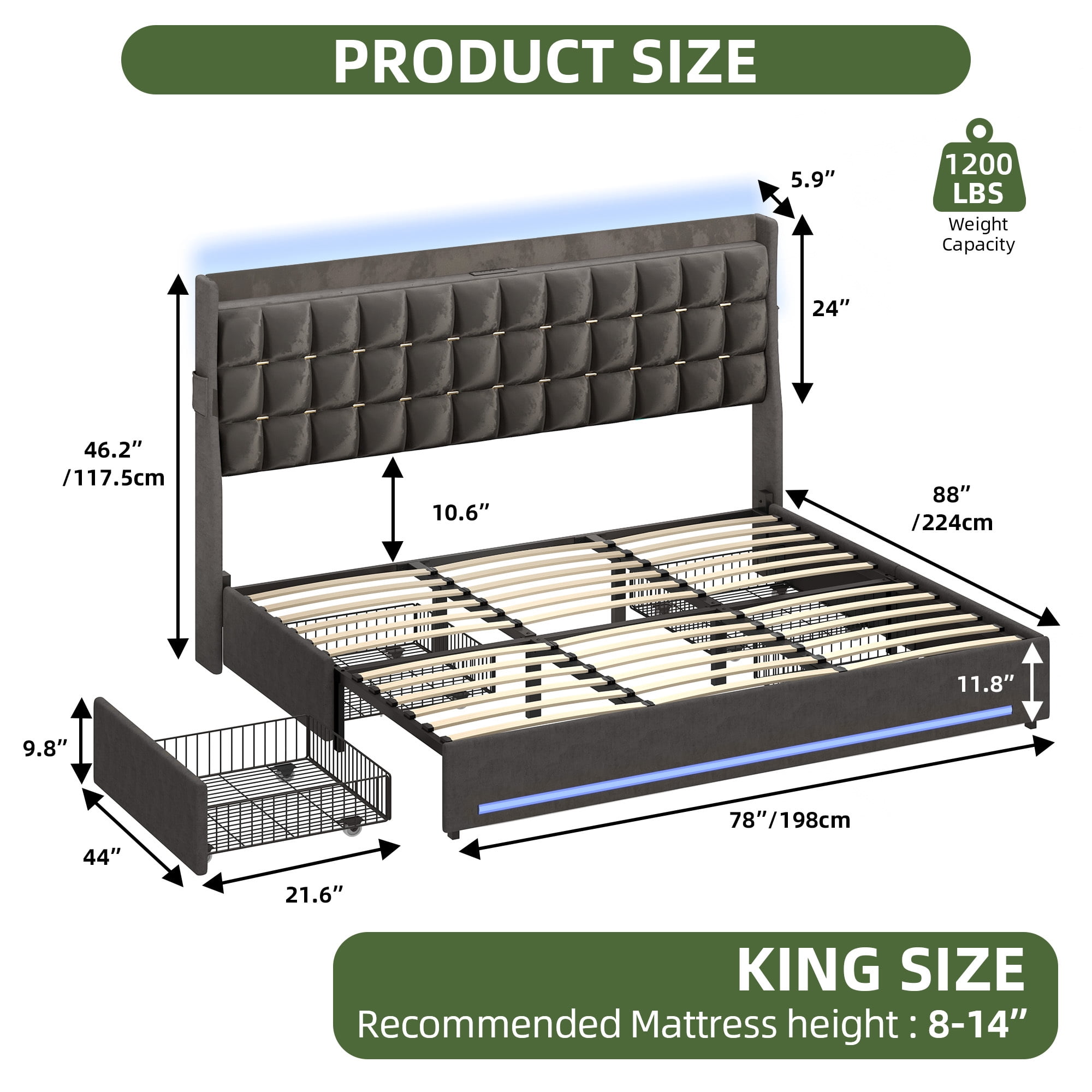 Uforic Upholstered Bed Frame with Charging Station & Drawers, King Size Bed Frame with LED Lights, Gray