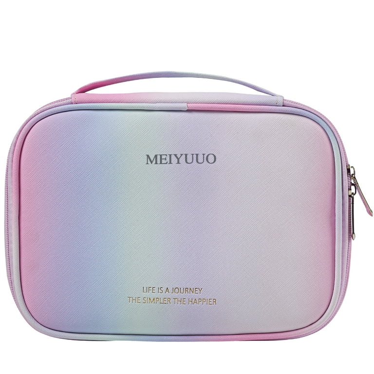 Meiyuuo Gradient Preppy Makeup Bag Small Travel Cosmetic Bags for Women Girls Zipper Pouch Toiletry Bag Organizer Waterproof Cute (rainbow Pink), Size: Travel