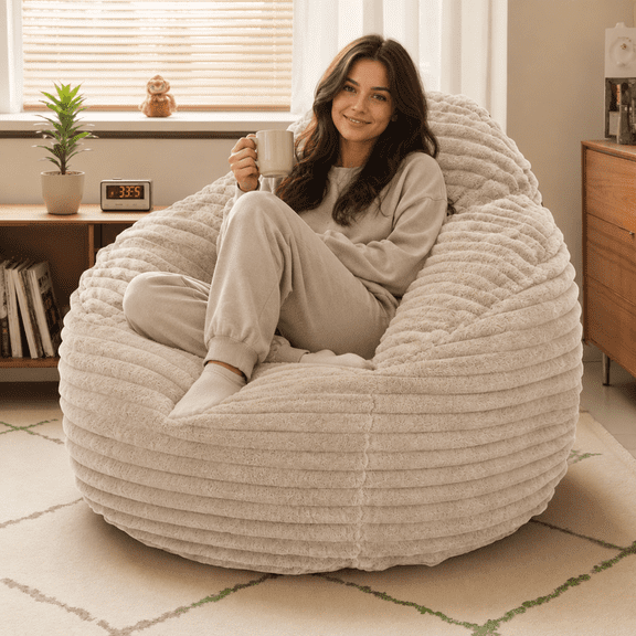 Simple Deluxe 3.25 ft Faux Fur Memory Foam Bean Bag Chair with Washable Cover, Taupe