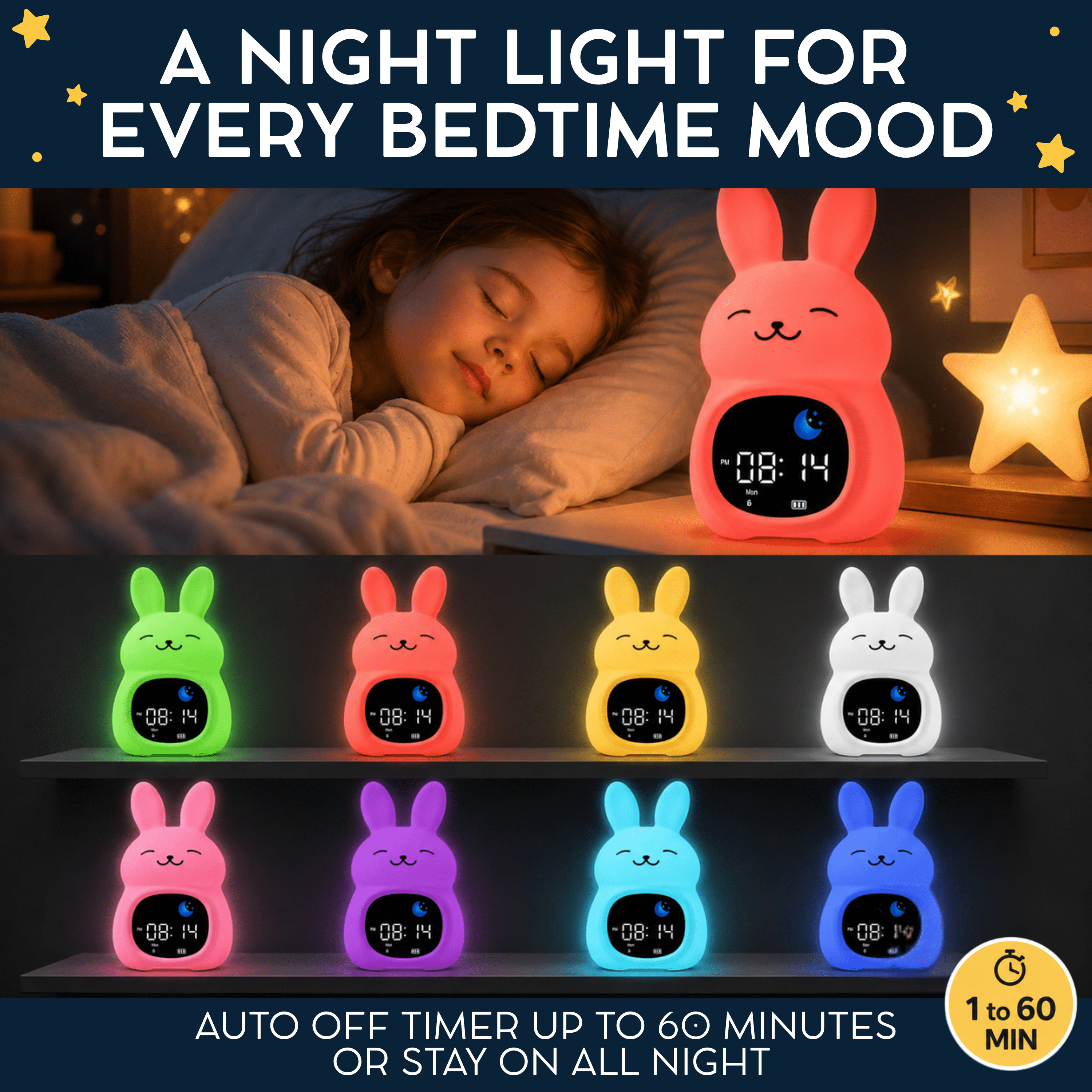 Bumble & Bright Kids Alarm Clock – App-Controlled Sleep Trainer with 8 Night-Light Colors, 6 Soothing Sounds & Backup Battery – USB-C Corded Bunny Clock for Boys & Girls