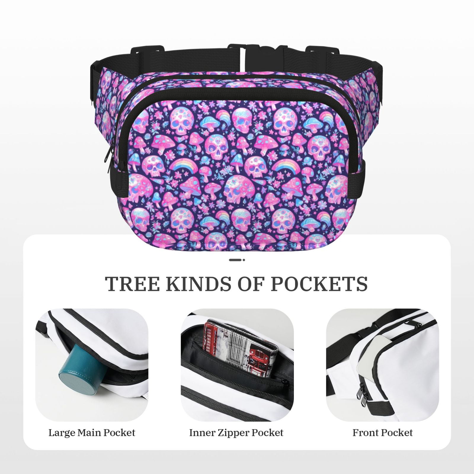 Picia Skull Rainbow Mushroom Print Square Double-Layer Waist Bag Mini Adjustable Waist Belt Bag Exercise Running Travel Hiking