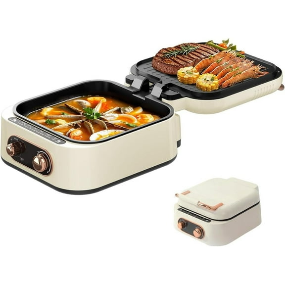 Electric Griddle with Non-Stick Coating, Smokeless Grill for Frying, Baking, Boiling, Hot Pot, Steaming, Dual Zone Temperature Control, Foldable for Storage