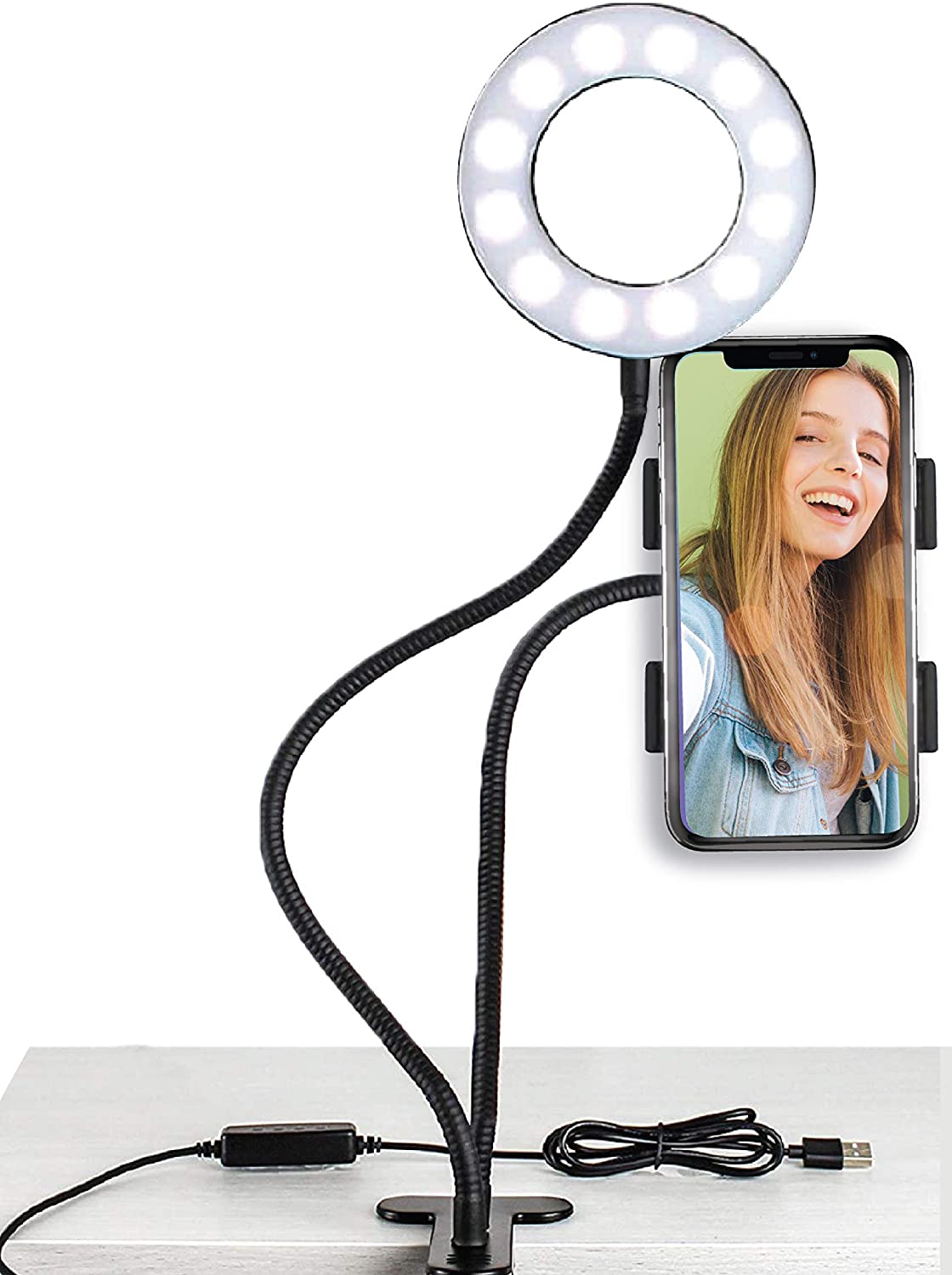 Social Media Video Recording Kit - Heavy Duty Phone Holder and Ring Light Stand, 6ft LED Multi Color RGB Light Strip, Clip on Phone Selfie Light