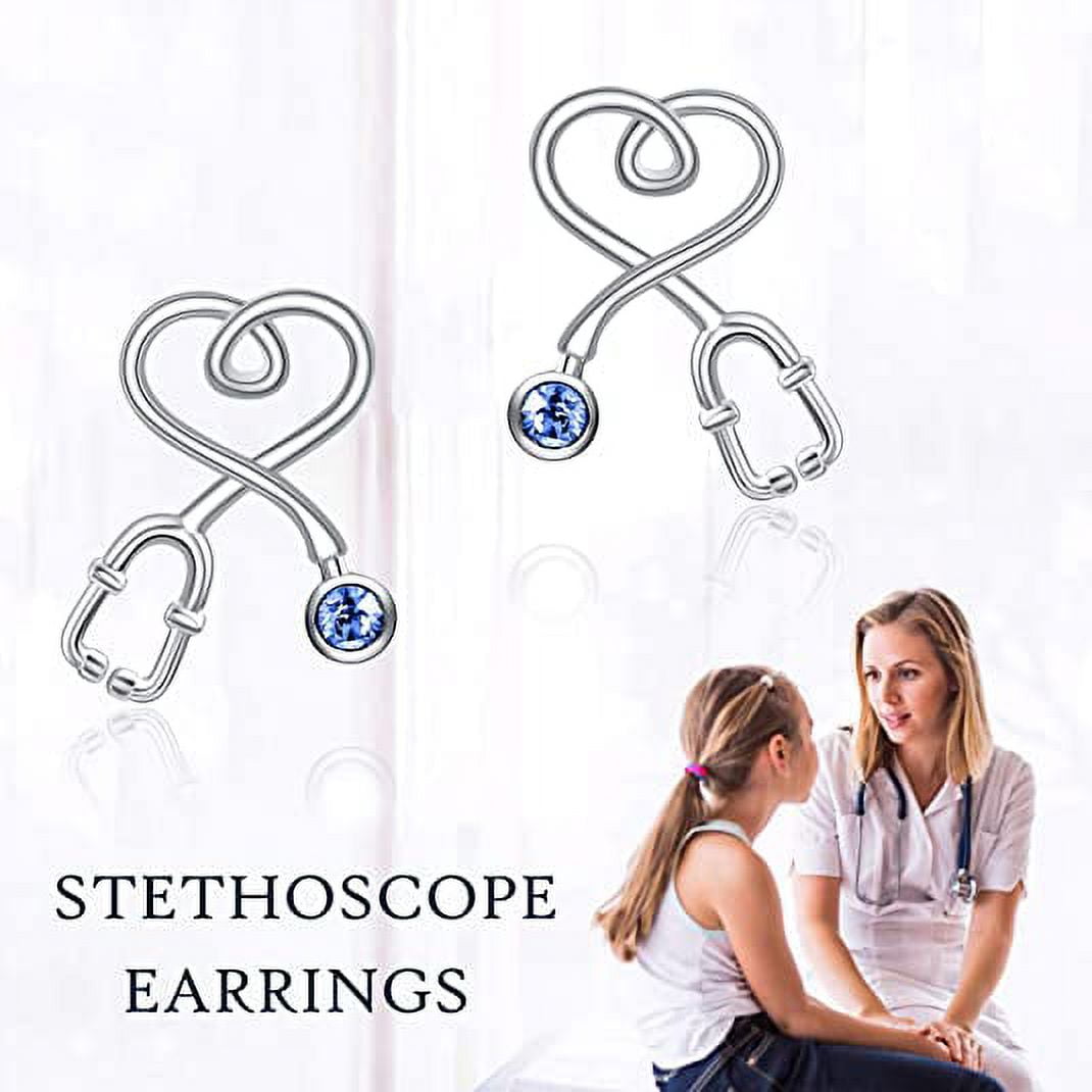 AOBOCO Nurse Day Gifts Sterling Silver Stethoscope Earrings Simulated Birthstone Crystals, Fine Jewelry Gifts for Nurse Doctor RN Medical Student